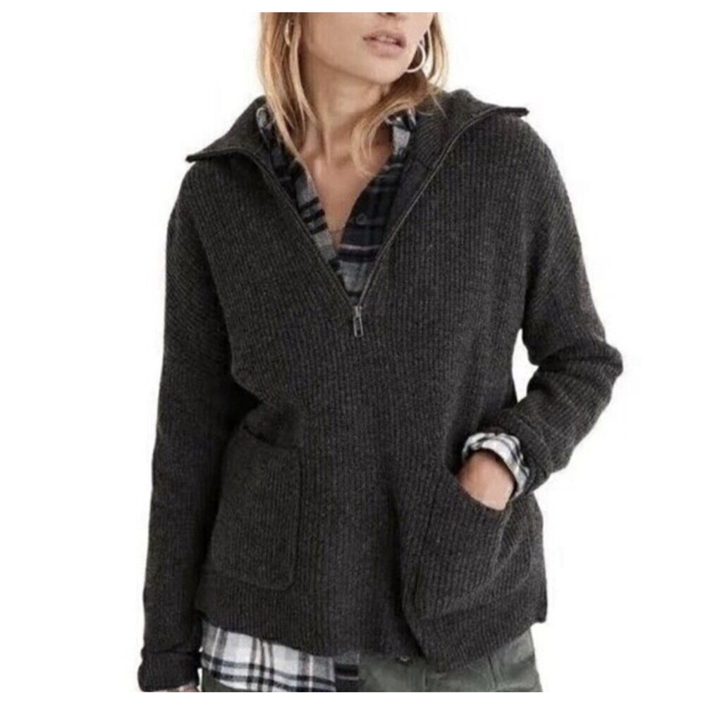 Madewell Merino Wool Blend Half Zip Sweater Gray Pocket Pullover Womens Small